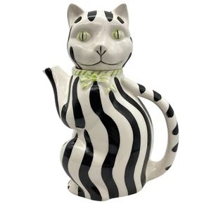 VTG Gloria Vanderbilt Black white stripe Cat coffee tea pot Tastesetter IGMA - Picture 1 of 12