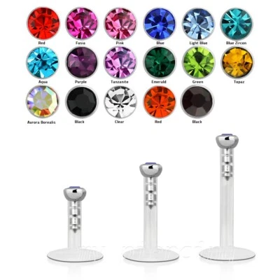 1pc. 16g 1/4" 5/16" 3/8" Bio Flex Steel Press Fit 2mm Gem Labret Monroe Tragus - Image 1 of 2