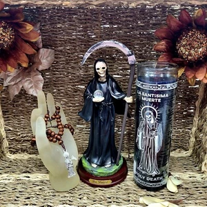 9" Santa Muerte Black Statue With Candle & Rosary Black Altar Bundle Pack - Picture 1 of 11