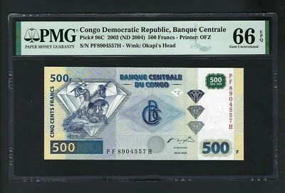Congo Democratic 500 Francs 2002(ND2004) P96c Uncirculated Graded 66 - Image 1 of 2