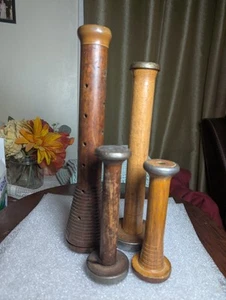 Lot 4 Antique Wooden Industrial Spools Rustic Primitive Decor Candle Holders - Picture 1 of 24