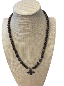 Wood Nut Beaded Necklace with Metal Cross Pendant Boho Artisan - Picture 1 of 3
