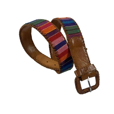 Cinto de tecido de couro Guatemala feminino médio feito à mão artesanal boho vintage - Imagem 1 de 4