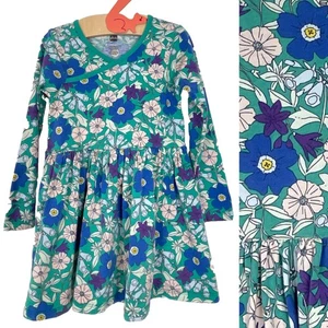 Baby TEA BRAND Dress 100% Cotton Blue Floral Kimono Collar Long Sleeve Size 4T - Picture 1 of 8