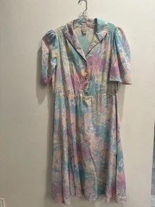 Cute 1980s Pastel Floral Sue & Lenny Shirtwaist Midi Dress Pink/Blue/Teal/Yellow - Picture 1 of 5
