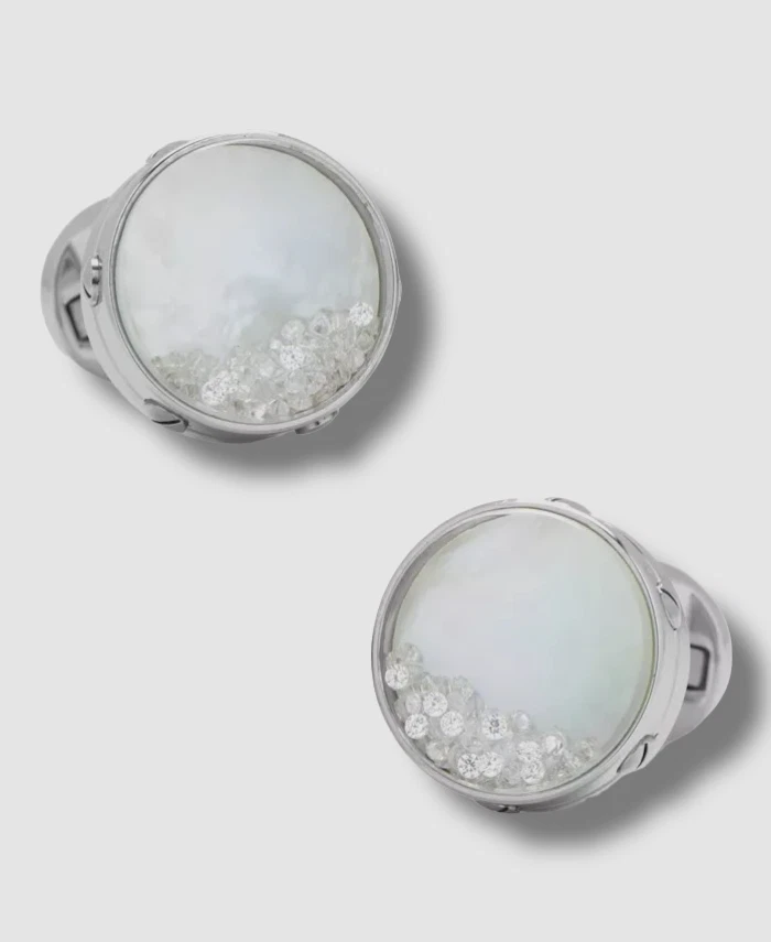 Abotoaduras masculinas de cristal pavê de madrepérola aço inoxidável prata boi e touro US$ 192 - Imagem 1 de 1