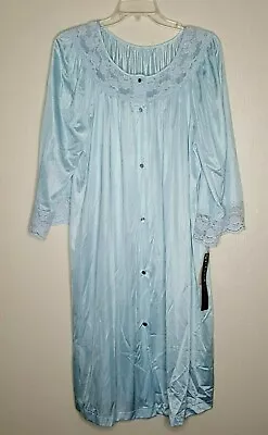 Vtg Gilead Cover-Up Robe Blue Button Front 1 Pocket Size Large NOS Satin Lace - Image 1 of 4