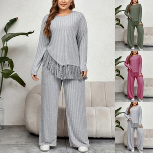 PLUS SIZE ⭐ 2PCS Womens Ribbed Tassels Tops Pants Set Loose Home Lounge Wear US - Picture 1 of 20