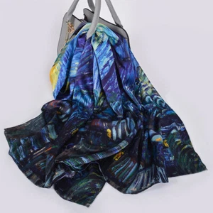 Van Gogh, Starry Night. 100% pure natural silk.Scarf-shawl.175x52cm.Hand-rolled. - Picture 1 of 5
