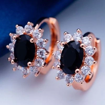 Nice New Rose Gold Plated Oval Shape Black Onyx CZ w/Accents Mini Hoop Earrings  - Image 1 of 4