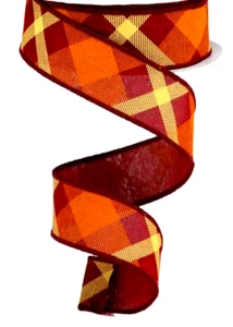 Brown Orange Fall Plaid 1.5" by 3 yd Diagonal Pattern Wired Ribbon Country - Picture 1 of 3