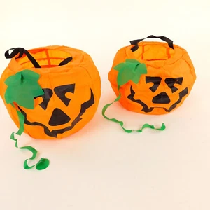 Halloween Pumpkin Fabric Buckets Lot 2 Orange Expandable Trick or Treat Pails - Picture 1 of 5