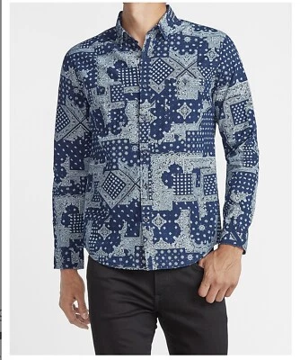 Camisa Express Para Hombre Mediana Abotonada Azul Paisley Bandana Geométrica Delgada N98 Foto 1 de 4