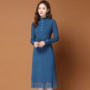 Women Warm Knitted Dress Midi Sweater Dress Lace Trim Winter Pullover Slim Dress - Picture 1 of 23