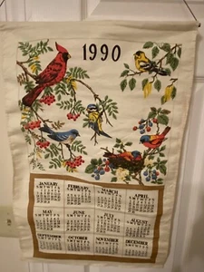 Vintage 1990 Kitchen Linen Calendar Towel Wall Hanging Beautiful Birds - Picture 1 of 4