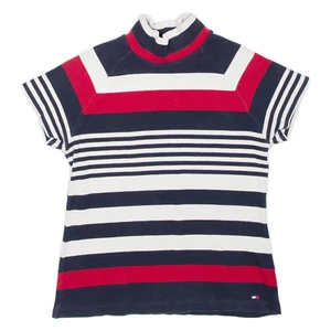 TOMMY HILFIGER Striped Ribbed Girls T-Shirt Blue High Neck L - Picture 1 of 6