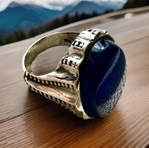 💙 Anillo de plata bahreiní con gema de ágata yemení azul natural - Hecho a mano 💙 - Imagen 1 de 12