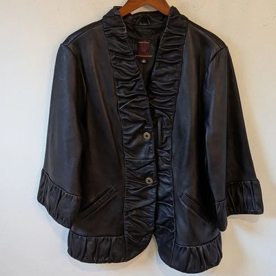 XCVI Women's Black Leather Snap Button 3/4 Sleeve Jacket  1X - Image 1 of 4