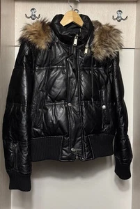 Dsquared2 black leather down jacket with large fur hood womens size 44IT vintage - Picture 1 of 12