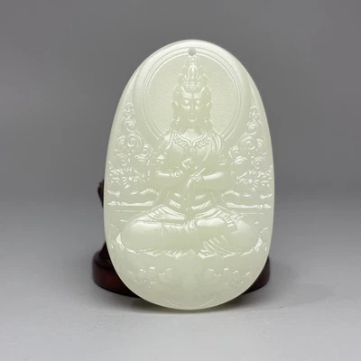 Colgante Amuleto China 2.3"" Jade Natural Tallado Loto Tara Guanyin Kwan-yin A150 Foto 1 de 4