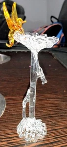Miniature Clear Glass Etched Cut Bird Bath With Gold Glass Bird Perched On I - Picture 1 of 4