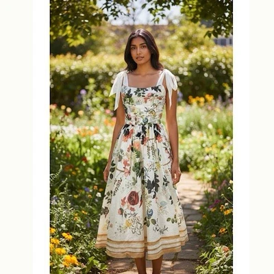 Alice & Olivia Haven Flared Midi Dress Floral White Sleeveless Broken Zip - Image 1 of 4