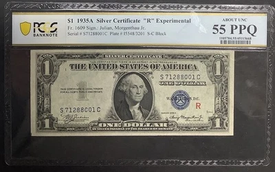 CERTIFICADO PRATA FR1609 1935A US$ 1.  "R" EXPERIMENTAL.  PCGS CH. AU 55 PPQ. - Imagem 1 de 2