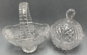 German Anna Hutte Bleikristall Lead Crystal Frosted Roses Covered Bowl & Basket - Picture 1 of 12