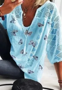 NEW Women's Casual Teal Butterfly Drawstring Half Sleeve T-Shirt Top Summer - Picture 1 of 5