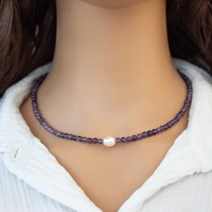 Collana donna perle e ametista 2 pietre preziose rotonde multi lisce 4-5 mm perline 18" - Foto 1 di 12