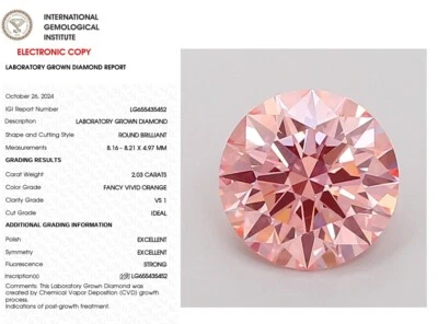 2.03 Round Lab Grown Diamond Engagement Ring IGI Certify Fancy Vivid Orange VS1 - Image 1 of 4