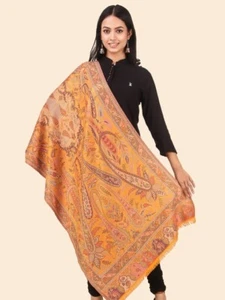 Women Mustard & Pink Woven Design Stole Indian Blanket Wool Scarf Shawl Wrap Art - Picture 1 of 8
