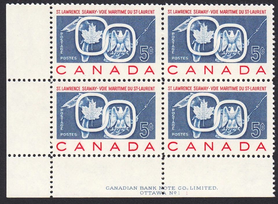 ST.LAWRENCE SEAWAY, EAGLE, MAPLE LEAF * CANADA 1959 #387 MNH LL BLOCK of 4 PL#1 - Image 1 of 1