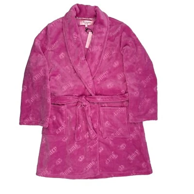 Roupão Juicy Couture de pelúcia rosa logotipo 1X com xale colarinho bolsos amarrar cintura novo com etiquetas $58 - Imagem 1 de 4
