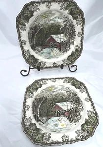 Set of 2 Johnson Brothers Friendly Village The Covered Bridge Square Plates - Picture 1 of 7