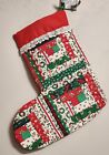 Vintage Quilt Pieces Christmas Stocking Shabby Chic Red Green White Eyelet Trim