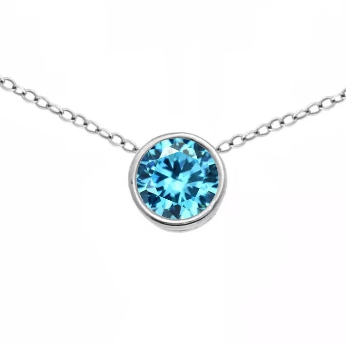 1 ct Blue Topaz Gemstone Round Solitaire 14k White Gold Chocker 13-16 Necklace - Image 1 of 1