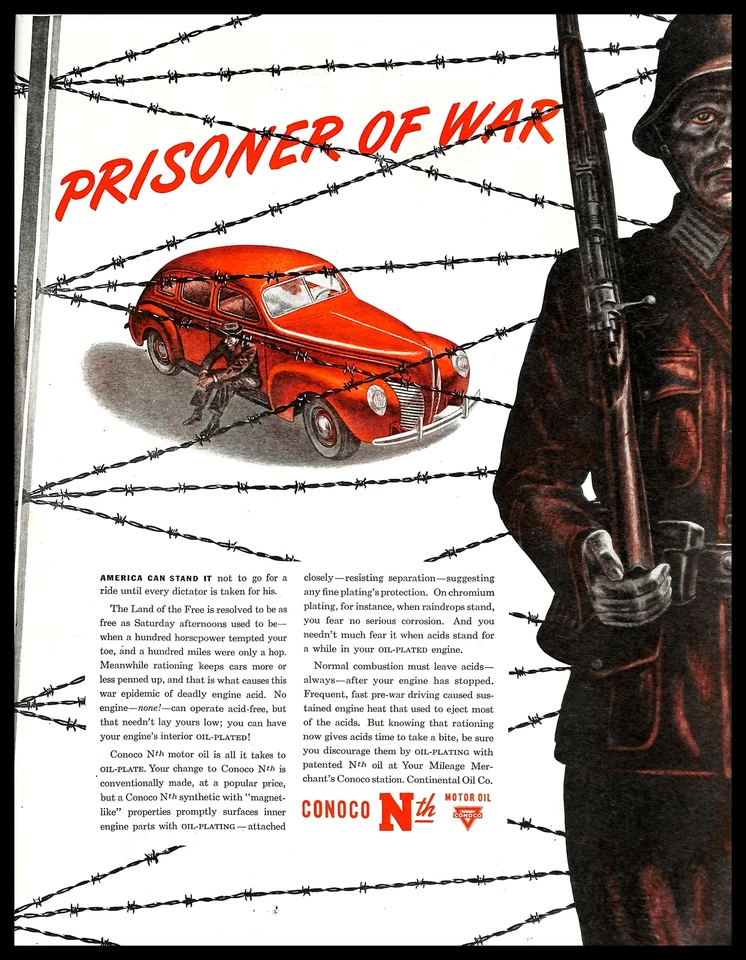 1943 Conoco Nth Motor Oil Vintage PRINT AD War Prisoner Red Automobile Art 1940s - Image 1 of 1