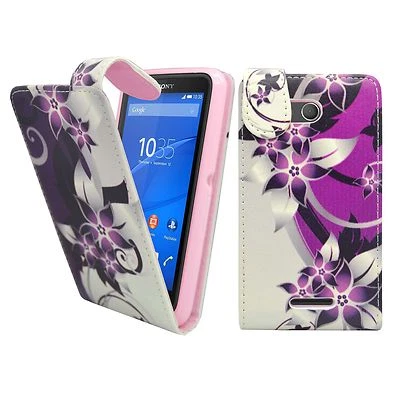 索尼 XPERIA E4G 紫色奶油花翻盖 PU 皮革口袋手机保护套 — 第 1/4 张图片
