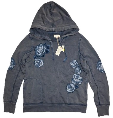 NEW VTG Lucky Brand Y2K Washed Blue Hoodie Sz M Floral Embroidered Distressed - Image 1 of 4
