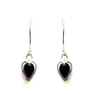 Hand set Whitby Jet in 925 Sterling Silver Earrings Drop Long Heart - Picture 1 of 1