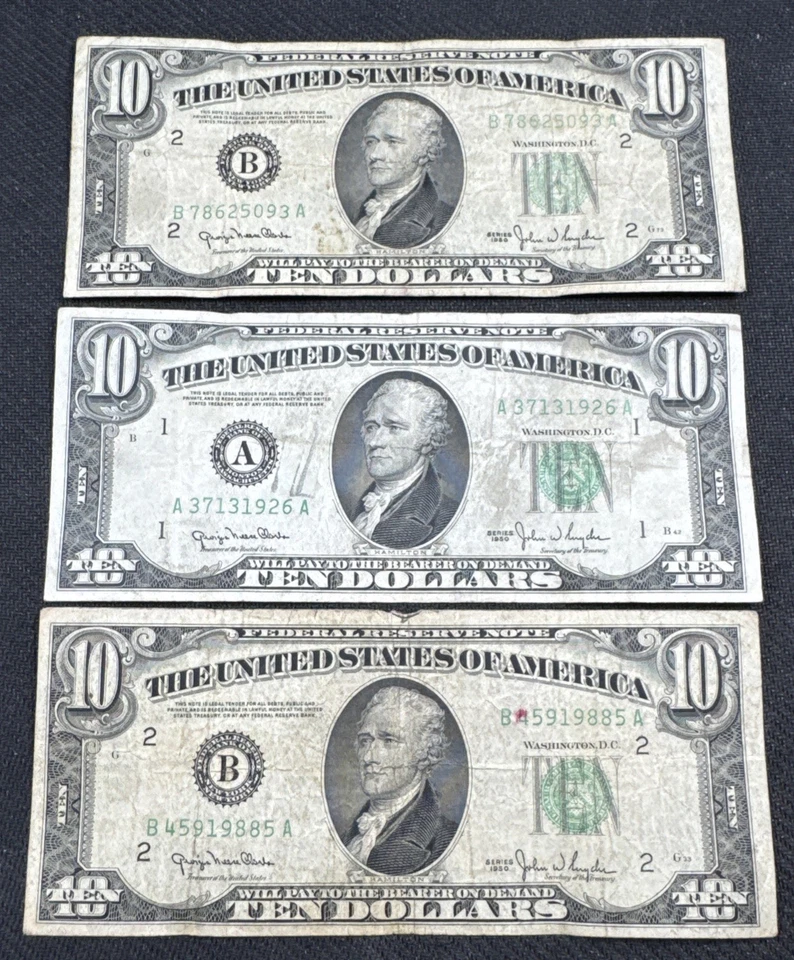 1950 $10 DOLLAR BILL Boston, NYC,  Estate Sale Find Lot of 3 bills.  - Image 1 of 2