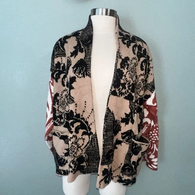 Anthropologie Lola Cocoon Cardigan 米色黑色珊瑚羊毛羊绒花卉 S/XS — 第 1/4 张图片