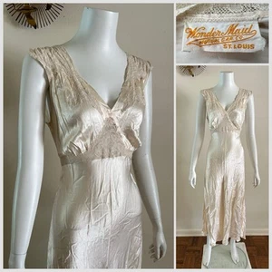 1940s Ivory Satin Slip Dress Tie Back Bias Cut Ruched Net Lace Wonder Maid VTG - Picture 1 of 24