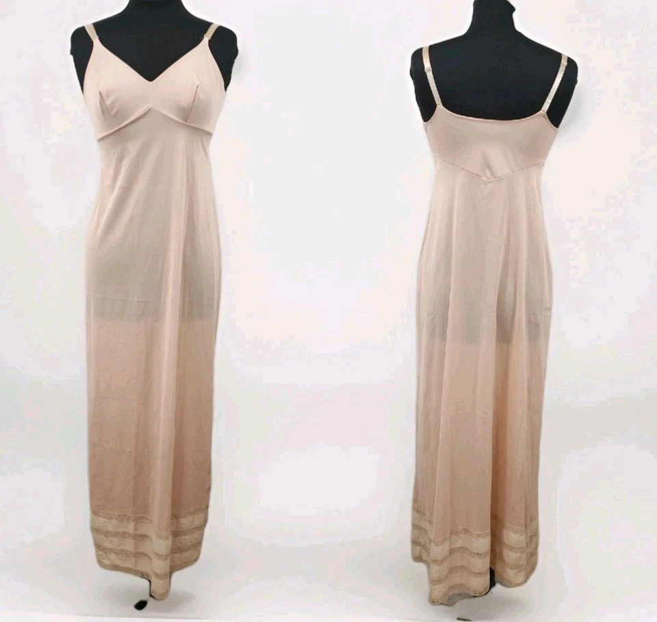 Maxi Deslizamiento Completo Vintage Años 70 Gossard Artemis Tostado Desnudo Antrón Nylon Encaje Ribete Talla 36 Foto 1 de 4