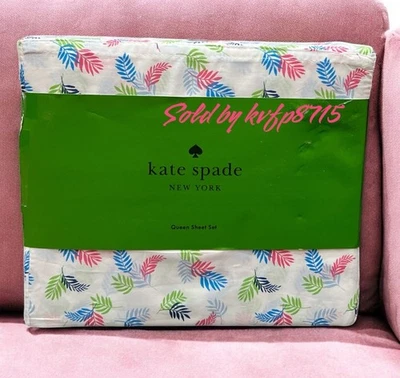 Lençol 100% algodão novo com etiquetas Kate Spade Queen 4 peças praia costeira folhas de palmeira brilhantes - Imagem 1 de 3