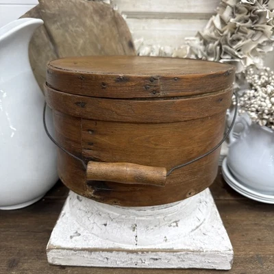 Old Bent Wood Wire Handled Pantry Bucket W/Lid Amazing Old Patina - Image 1 of 4