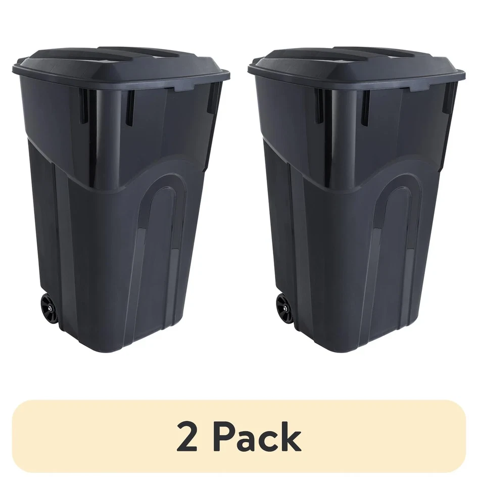 UNITED SOLUTIONS Hyper Tough 32 Gallon Heavy Duty Wheeled Trash Can with Lid, Black (2 Pack)