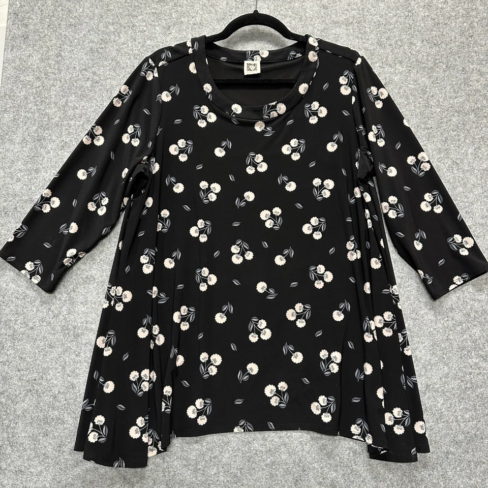 Top túnica oscilante Anne Klein para mujer tejido de poliéster mangas 3/4 negro/floral XL-1X Foto 1 de 4