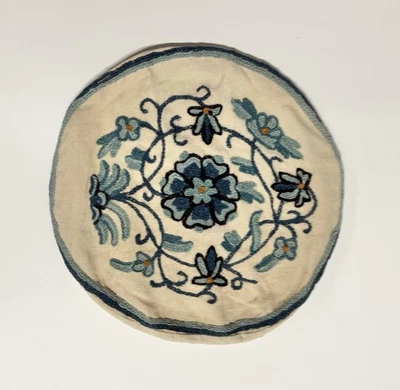 Vintage Floral Needlepoint Pillow Cover 12 In Round Circular MCM Blue Folk Art - Image 1 of 4